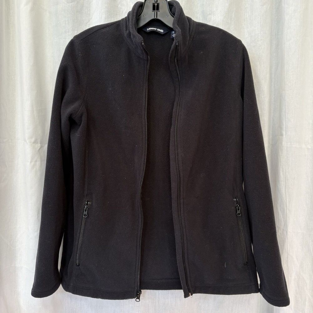 EUC LANDS' END Fleece Jacket Men's Small Black Full Zip Cabin Camp Cozy Outdoors